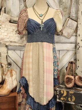 Boho Patchwork Midi Dress with Denim Bodice - Multi